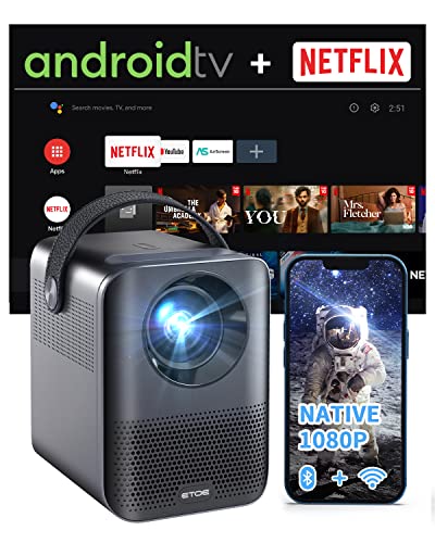 Mini Smart Projector Native 1080P, ETOE D2 Pro Portable Projector Android TV 10.0 with Prime Video, Netflix, Disney+, Video Projector 5G WiFi Bluetooth, Compatible with iOS/Android/Windows/USB