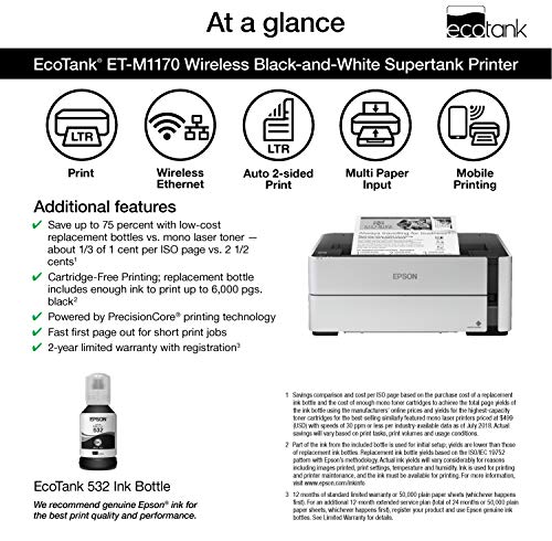 Epson EcoTank ET-M1170 Wireless Monochrome Supertank Printer with Ethernet PLUS 2 Years of Unlimited Ink*