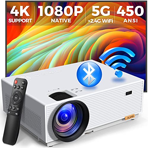 Mini Projector with 5G WiFi and Bluetooth, ALVAR 15000L 450 ANSI Native 1080P Portable Projector 4K Support, Outdoor Movie Projector with 120" Screen & 400" Display Compatible w/ TV Stick/HDMI/USB/PS5