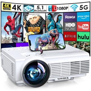 projector with wifi and bluetooth, 5g wifi native 1080p 9500l outdoor projector 4k support, yowhick mini portable movie projector with screen, for hdmi, vga, usb, laptop, ios & android phone