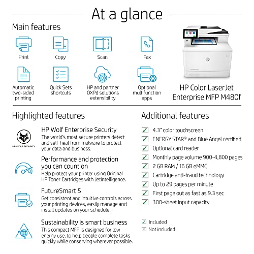 HP Color LaserJet Enterprise M480f Multifunction Duplex Printer (3QA55A) white