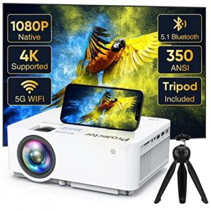 native 1080p 5g wifi bluetooth projector (with tripod), 350 ansi 4k supported home projector, portable outdoor projector with max 300″ display, movie projector compatible with tv stick, hdmi, phone