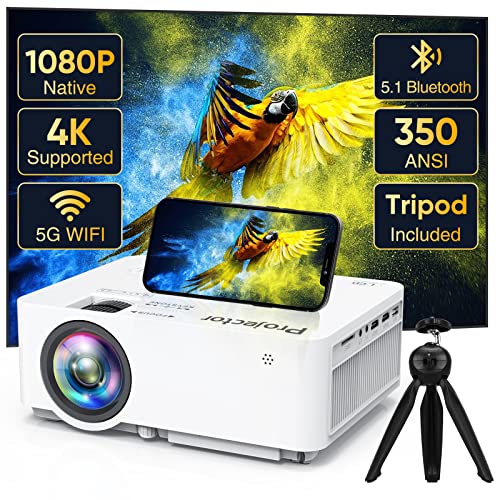 Native 1080P 5G WiFi Bluetooth Projector (with Tripod), 350 ANSI 4K Supported Home Projector, Portable Outdoor Projector with Max 300" Display, Movie Projector Compatible with TV Stick, HDMI, Phone