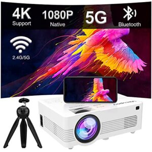 Native 1080P Mini Projector with 5G WiFi and Bluetooth (with Tripod), 4K Supported Outdoor Projector, Portable Movie Projector Compatible with TV Stick, iOS, Android, PS5, HDMI, USB, Vecupou