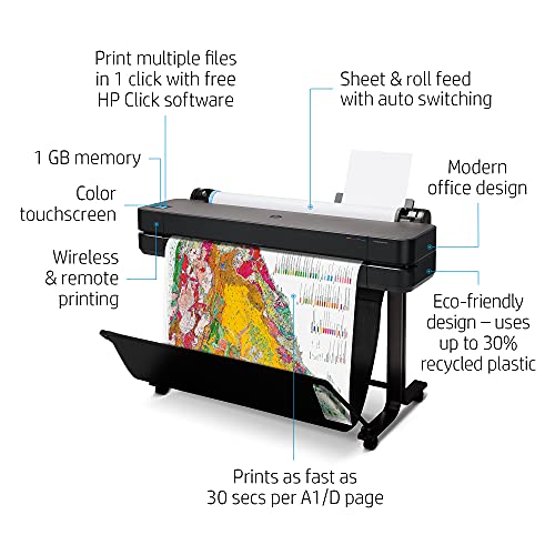 HP DesignJet T630 (T600 Series) Large Format Wireless Plotter Printer - 36", with Auto Sheet Feeder, Media Bin & Stand (5HB11A), Black