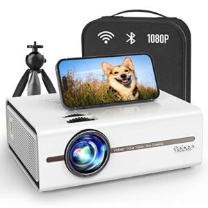 yaber 2023 upgrade projector with 5g wifi and bluetooth 5.1, 9000l 1080p support 4k video projector, mini portable outdoor projector with tripod and carrying bag, compatible with hdmi, vga, tv stick