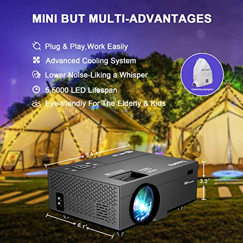 Mini Projector 2023, 1080P Full HD 180” Screen Supported Ysametp Video Projector, 9500Lux Home Theater Movie Projector Compatible w/TV Stick HDMI VGA USB AV TF PC Laptop Android/iPhone (Black)