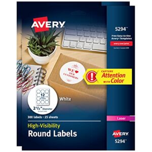 avery high visibility printable round labels with sure feed, 2.5″ diameter, white, 300 per pack, 2 packs, 600 customizable blank labels total (45294)