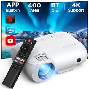 4k projector – portable bluetooth projector with netflix, smart wifi projector 400 ansi lumen native 1080p, phone projector with built-in netflix/prime video/youtube, yoton y9 home movie projector
