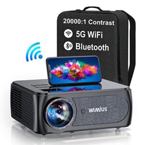 5g wifi bluetooth projector, wimius top k8 full hd 4k projector support 4p/4d keystone, 50% zoom, bluetooth 5.1 outdoor video projector for pc smartphone usb (200000h)