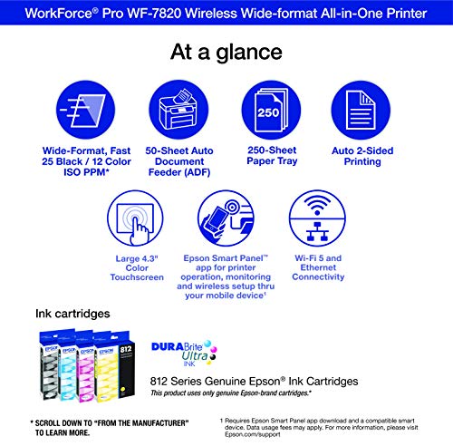 Epson WorkForce Pro WF-7820 Wireless All-in-One Wide-format Printer with Auto 2-sided Print up to 13" x 19", Copy, Scan and Fax, 50-page ADF, 250-sheet Paper Capacity, 4.3" screen, Works with Alexa