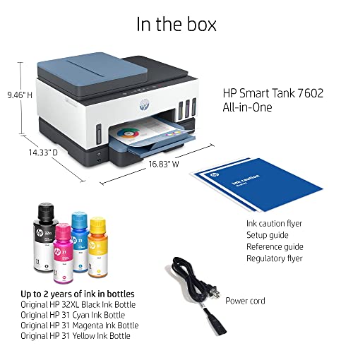 HP Smart -Tank 7602 Wireless All-in-One Cartridge-free Ink Printer, up to 2 years of ink included, mobile print, scan, copy, fax, auto doc feeder, featuring an app-like magic touch panel (28B98A)