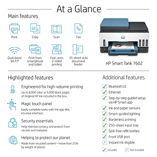 HP Smart -Tank 7602 Wireless All-in-One Cartridge-free Ink Printer, up to 2 years of ink included, mobile print, scan, copy, fax, auto doc feeder, featuring an app-like magic touch panel (28B98A)