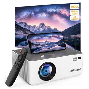 mini projector native 1080p outdoor movie projector, hision 8000l portable home theater 4k support video projector compatible with tv stick, hdmi, vga, usb, laptop, dvd, ios & android smartphone