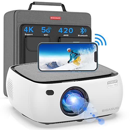 5G WiFi 1080P Projector Bluetooth 4K Supported - BIGASUO 420 ANSI Outdoor Movie Projector with 4D/4P Keystone & 50% Zoom, Portable Home Theater HD Video Projector for PS4, TV Stick, Laptop, Phone