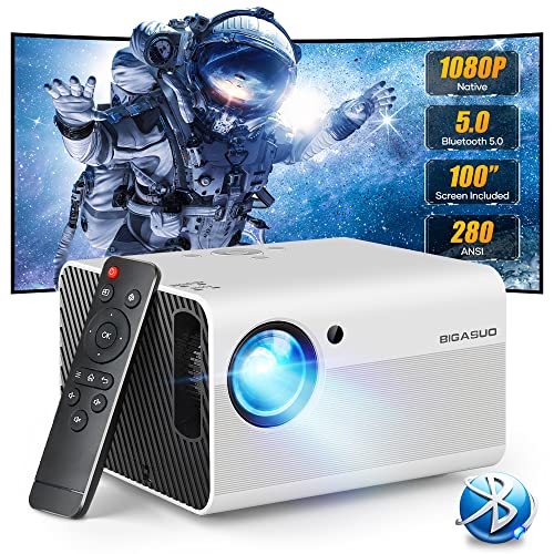 Outdoor Movie Projector Bluetooth 5.0 - BIGASUO Native 1080P Projector with Digital Zoom&HiFi Stereo, 280ANSI Home Portable Projector Compatible HDMI,USB,AV,TV[100''Screen Included]