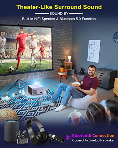 Outdoor Movie Projector Bluetooth 5.0 - BIGASUO Native 1080P Projector with Digital Zoom&HiFi Stereo, 280ANSI Home Portable Projector Compatible HDMI,USB,AV,TV[100''Screen Included]