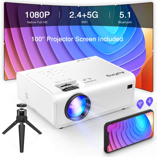 AuKing Projector with WiFi and Bluetooth, 2023 Upgraded 5G Native 1080P Projector 4K Supported with 100’’ Screen and Tripod, 380ANSI Outdoor Projector Compatible with Android/iOS/HDMI/USB/TV Box