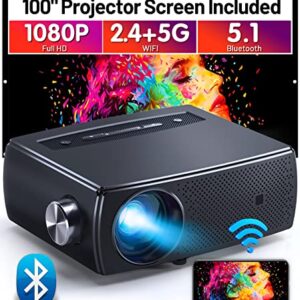 Projector, CLOKOWE 10000L 1080P HD 5G WiFi Bluetooth Projector, Portable Movie Projector with Screen, Home Theater Video Projector Compatible with Android/iOS/TV Stick/PS4, Support 4K&300”