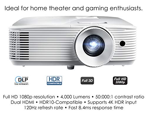 Optoma HD39HDR High Brightness HDR Home Theater Projector | 120Hz Refresh Rate | 4000 lumens | Fast 8.4ms Response time with 120Hz | Easy Setup with 1.3X Zoom | 4K Input | Quiet Operation 26dB