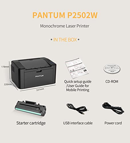 Pantum Compact Wireless Small Laser Printer P2502W Monochrome (Black and White) Single Function, Wireless Mobile Printing Airprint for Business and Home School Use, 23 PPM, Black