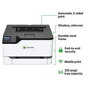 Lexmark C3326dw Color Laser Printer with Wireless Capabilities, Standard Two-Sided Printing, Two Line LCD Screen with Full-Spectrum Security and Prints Up to 26 ppm (40N9010), White/Gray