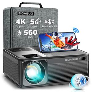 BIGASUO 5G WiFi Bluetooth Projector - 560 ANSI FHD Native 1080P Outdoor Movie Projector 4k Support, Portable Video Projector Support 300"/Zoom/HiFi, Home Theater Compatible w/HDMI/USB/iOS&Android