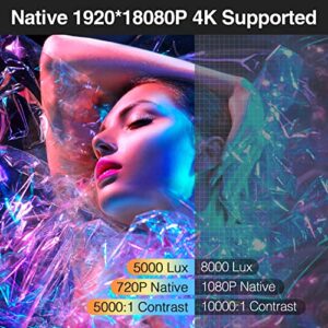 Native 1080P WiFi Bluetooth Projector with 200'' Display, 8000Lux Full HD 4K Support Movie Video Projector Compatible w/ iOS Android Smartphone Tablet, HDMI/VGA/USB/TV Stick, Auto Sleep Timer