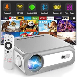 smart projector, android 11.0 native 1080p portable wifi and bluetooth projector, outdoor 4k projector support netflix & prime online video & 8000+apps, auto focus home theater gaming proyector