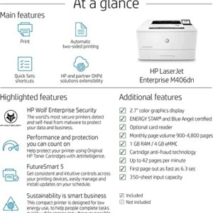 HP Laserjet Enterprise M406dn Wired Monochrome Laser Printer, Black and White - Print Only - 2.7" LCD, 42 ppm, 1200 x 1200 dpi, Automatic Duplex Printing, USB, Ethernet, Cbmou Printer Cable