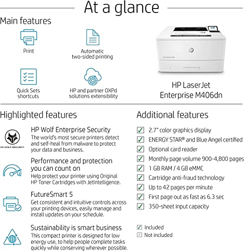 HP Laserjet Enterprise M406dn Wired Monochrome Laser Printer, Black and White - Print Only - 2.7" LCD, 42 ppm, 1200 x 1200 dpi, Automatic Duplex Printing, USB, Ethernet, Cbmou Printer Cable