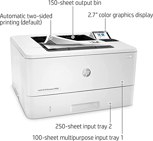 HP Laserjet Enterprise M406dn Wired Monochrome Laser Printer, Black and White - Print Only - 2.7" LCD, 42 ppm, 1200 x 1200 dpi, Automatic Duplex Printing, USB, Ethernet, Cbmou Printer Cable