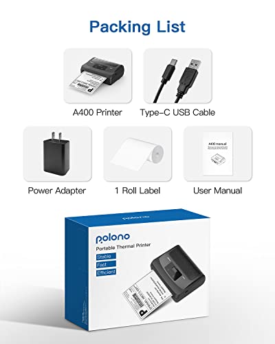 POLONO A400 Bluetooth Thermal Label Printer - 4x6 Label Printer for Small Business Shipping Packages - Portable Printer Wireless Printer for iPhone, Android & PC, Compatible with Amazon, Ebay, USPS