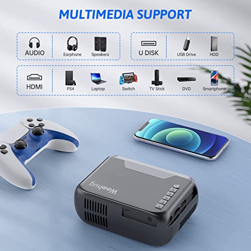 Mini Projector for iPhone, Woohug Mini Portable Projector for Kids Gifts, Movie Projector for Outdoor use, Small Home Theater Projector Full HD 1080P Supported Projector Compatible with HDMI, USB