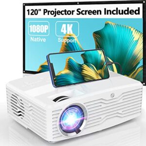 full hd native 1080p 4k projector, 12000l 350 ansi brightness with wired mirroring screen, up to 300″ projection screen size, compatible with tv stick/hdmi/dvd player/av for outdoor indoor movies