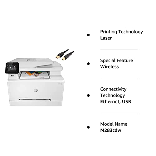 HP Color Laserjet Pro M283cdw Wireless All-in-One Laser Printer, 260-Sheet, 22ppm, 600x600DPI, Auto 2-Sided Printing, Remote Mobile Print, Print Scan Copy Fax, White, Durlyfish USB Printer Cable