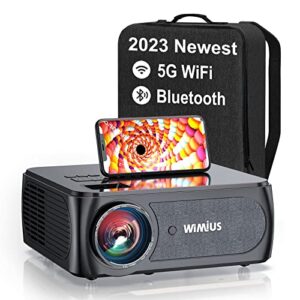 projector, wimius 2023 newest 5g wifi bluetooth projector, 480 ansi lumens full hd 4k projector support 4p/4d keystone, 50% zoom, bluetooth 5.2 outdoor video projector for pc smartphone usb (200000h)