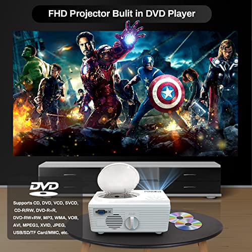 Native 1080P WiFi Bluetooth Projector Built in DVD Player, MINLOVE Full HD Portable Projector, Mini Video Movie Projector for Outdoor, Zoom & Sleep Timer Support, Compatible with TV/HDMI/VGA/AV/USB/TF