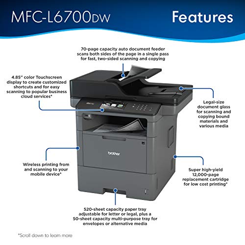 Brother Monochrome Laser Printer, Multifunction Printer, All-in-One Printer, MFC-L6700DW, Advanced Duplex, Wireless Networking Capacity, 70-Page ADF Capacity, Amazon Dash Replenishment Ready