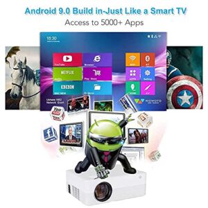 Famishow Smart Projector Android TV 9.0 Built in- WiFi Mini Projector with Bluetooth, 8500 Lumens 4K and 250” Display Supported Portable Video Projector for Home Cinema & Outdoor Movie Theater