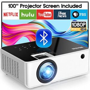 native 1080p bluetooth projector – bigasuo 250″ outdoor movie projector with screen, full hd portable home theater video projector compatible with hdmi, vga, usb, laptop, ios and android smartphones