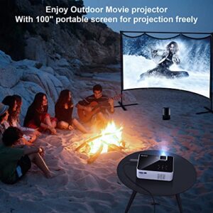 Native 1080P Bluetooth Projector - BIGASUO 250" Outdoor Movie Projector with Screen, Full HD Portable Home Theater Video Projector Compatible with HDMI, VGA, USB, Laptop, iOS and Android Smartphones