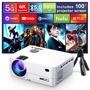 5g wifi bluetooth native 1080p 4k support projectors [100″ projector screen includ], finati amzfun portable movie projector 9800lm, movie projector for outdoor use with tripod for iphone/laptop/ps5