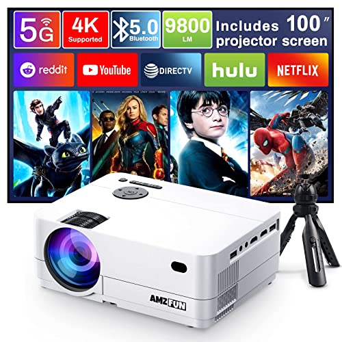 5G WiFi Bluetooth Native 1080P 4K Support Projectors [100" Projector Screen Includ], FINATI AMZFUN Portable Movie Projector 9800LM, Movie Projector for Outdoor Use with Tripod for iPhone/Laptop/PS5