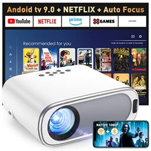 [auto-focus] projector, native full hd 1080p projector 4k supported, android tv home theater projector, outdoor movie projector built in two-way bluetooth, 2.4/5g wifi, 4d keystone correction