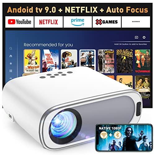 [Auto-Focus] Projector, Native Full HD 1080P Projector 4K Supported, Android TV Home Theater Projector, Outdoor Movie Projector Built in Two-Way Bluetooth, 2.4/5G WiFi, 4D Keystone Correction