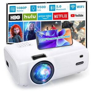 projector with wifi and bluetooth, upgrade 1080p native portable projector support 4k and 300″, outdoor movie projector for phone, pc, tv stick