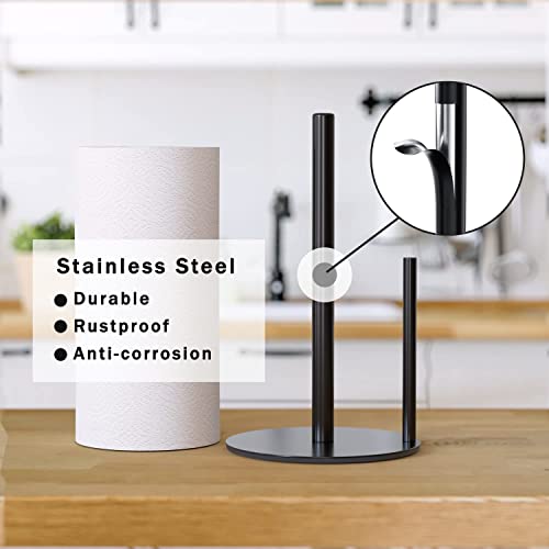 Paper Towel Holder Black Kitchen Roll Holder, Premium Stainless Steel Paper Towel Holder for Kitchen Roll Organize, One-Handed Operation Countertop Roll Dispenser with Weighted Base