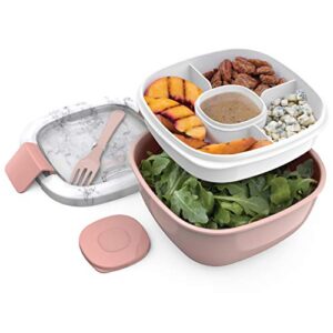 bentgo® salad – stackable lunch container with large 54-oz salad bowl, 4-compartment bento-style tray for toppings, 3-oz sauce container for dressings, built-in reusable fork & bpa-free (blush marble)