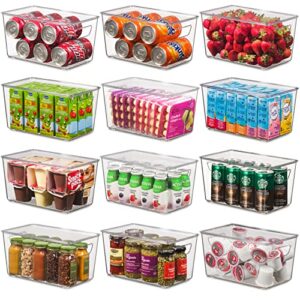 set of 12 refrigerator organizer bins with lids – plastic pantry organization and storage baskets – stackable food fridge organizers with cutout handles for freezer, kitchen, countertops, cabinets